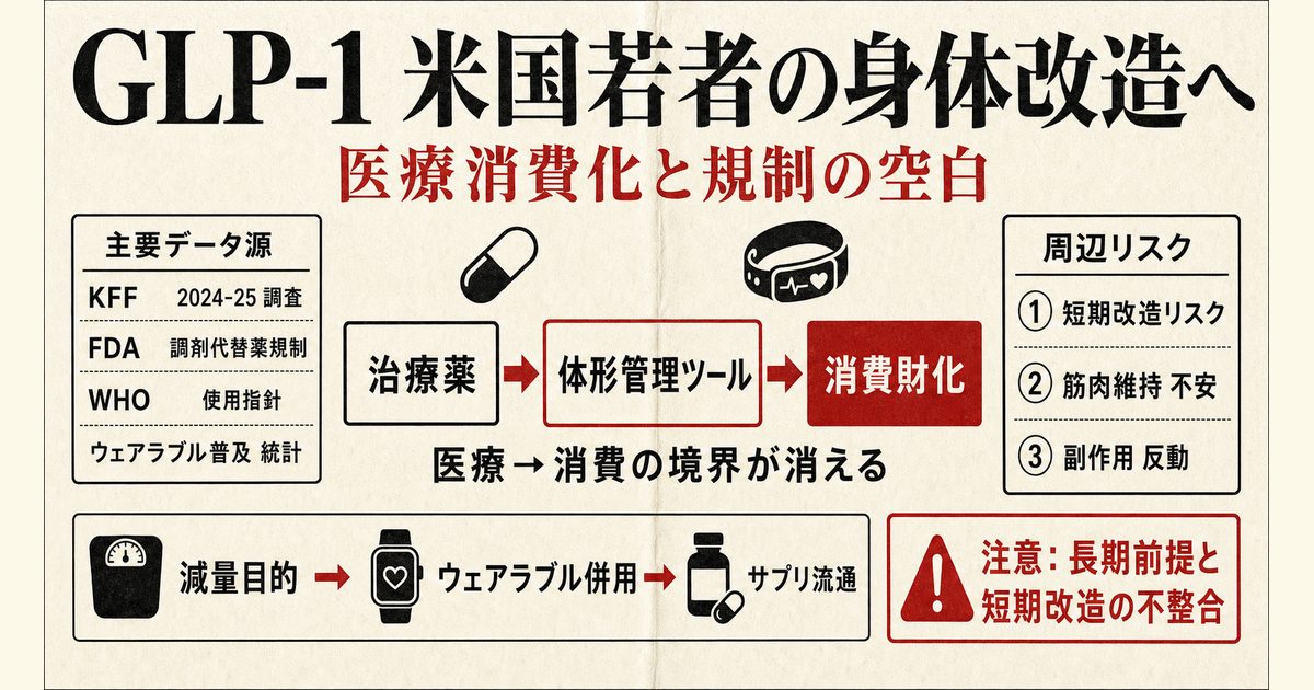 GLP-1薬の米国若者身体改造の図解。KFF調査・FDA規制・WHO指針の3層、治療薬から消費財への変質、ウェアラブル併用とサプリ流通、3ステップの利用拡大プロセス、長期副作用リスクの警告を示すインフォグラフィック