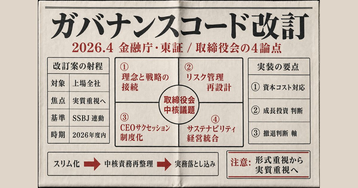 企業ガバナンスコード改訂案の図解。2026年4月の金融庁・東証案、取締役会の4論点（理念戦略・リスク管理・CEOサクセッション・サステナビリティ）、資本効率とSSBJ基準の連動、3ステップ実装、形式重視への警告を示すインフォグラフィック