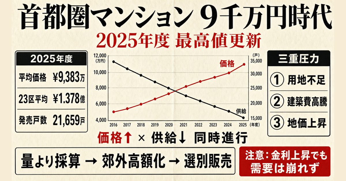 首都圏マンション最高値更新の図解。平均価格9383万円・23区1.378億円・戸数2万1659戸の最新データ、価格上昇と供給減少のクロスチャート、3つの圧力要因、量より採算の供給戦略、金利上昇下でも崩れない需要への警告を示すインフォグラフィック