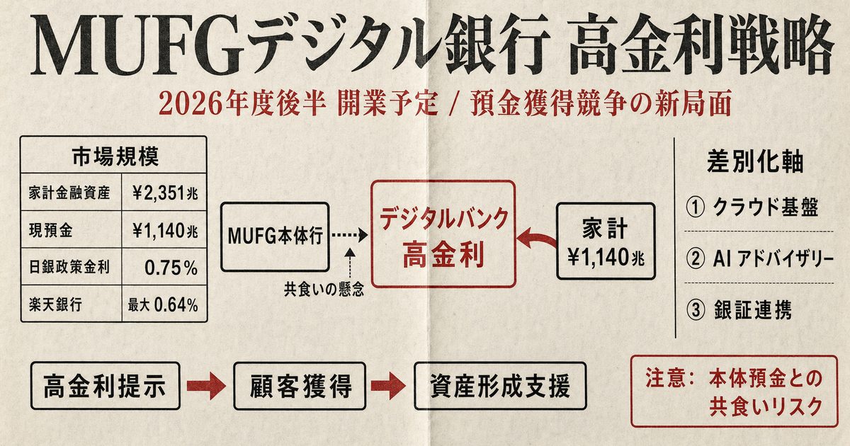 MUFGデジタル銀行の高金利戦略の図解。家計現預金1140兆円・楽天銀行0.64%等の市場データ、本体行→デジタルバンク→家計の資金フロー、3ステップ獲得プロセス、共食いリスクの警告を示すインフォグラフィック